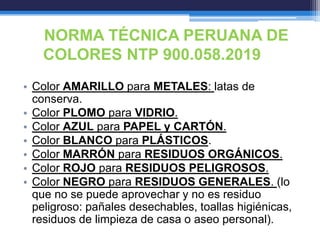 NORMA TÉCNICA PERUANA DE
COLORES NTP 900.058.2019
• Color AMARILLO para METALES: latas de
conserva.
• Color PLOMO para VIDRIO.
• Color AZUL para PAPEL y CARTÓN.
• Color BLANCO para PLÁSTICOS.
• Color MARRÓN para RESIDUOS ORGÁNICOS.
• Color ROJO para RESIDUOS PELIGROSOS.
• Color NEGRO para RESIDUOS GENERALES. (lo
que no se puede aprovechar y no es residuo
peligroso: pañales desechables, toallas higiénicas,
residuos de limpieza de casa o aseo personal).
 