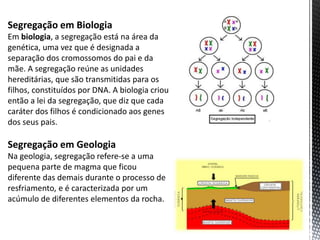 Segregação em Biologia
Em biologia, a segregação está na área da
genética, uma vez que é designada a
separação dos cromossomos do pai e da
mãe. A segregação reúne as unidades
hereditárias, que são transmitidas para os
filhos, constituídos por DNA. A biologia criou
então a lei da segregação, que diz que cada
caráter dos filhos é condicionado aos genes
dos seus pais.
Segregação em Geologia
Na geologia, segregação refere-se a uma
pequena parte de magma que ficou
diferente das demais durante o processo de
resfriamento, e é caracterizada por um
acúmulo de diferentes elementos da rocha.
 