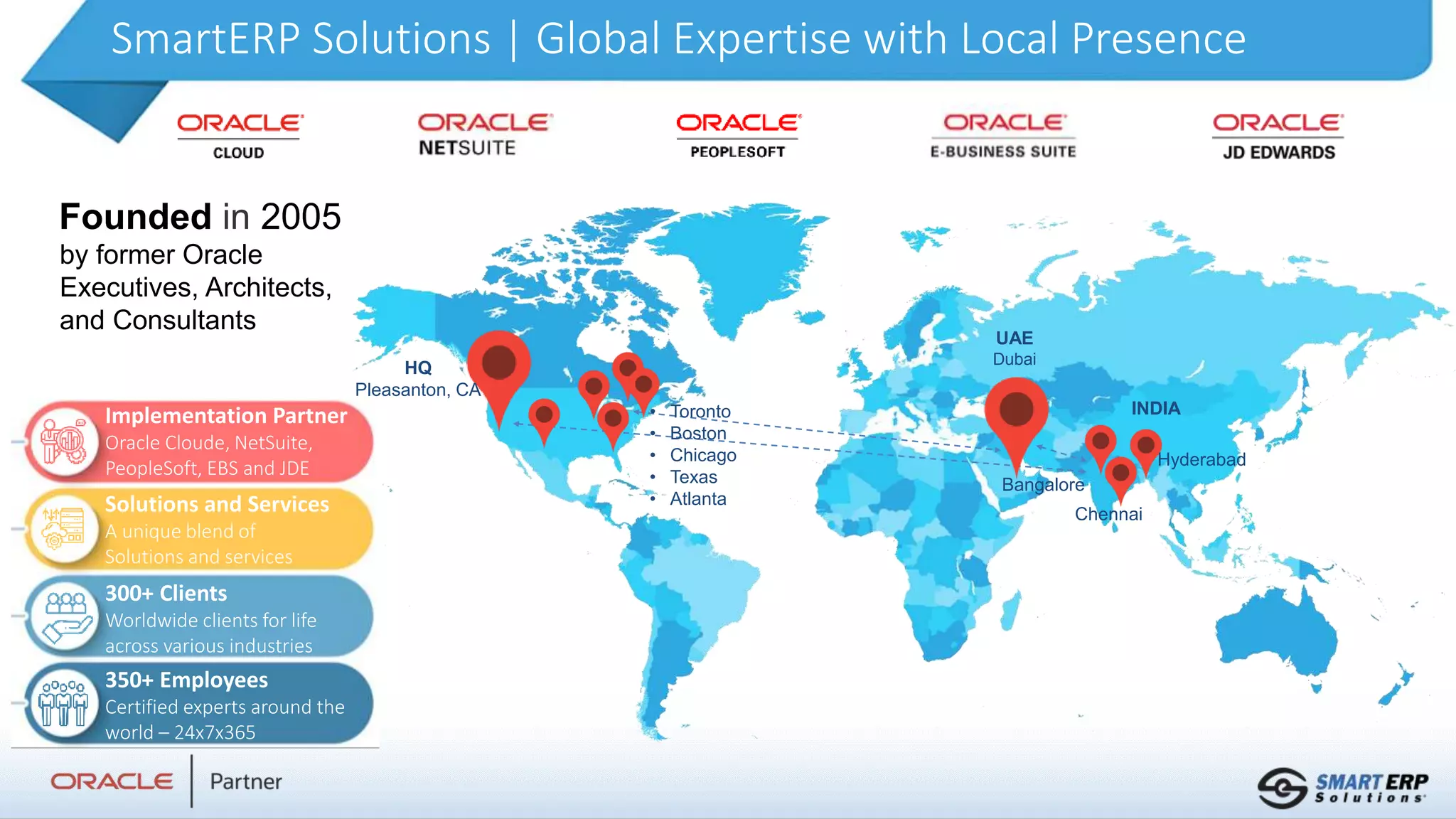 SmartERP Solutions | Global Expertise with Local Presence
UAE
Dubai
Bangalore
Hyderabad
INDIA
• Toronto
• Boston
• Chicago
• Texas
• Atlanta
HQ
Pleasanton, CA
Chennai
Founded in 2005
by former Oracle
Executives, Architects,
and Consultants
Implementation Partner
Oracle Cloude, NetSuite,
PeopleSoft, EBS and JDE
Solutions and Services
A unique blend of
Solutions and services
300+ Clients
Worldwide clients for life
across various industries
350+ Employees
Certified experts around the
world – 24x7x365
 