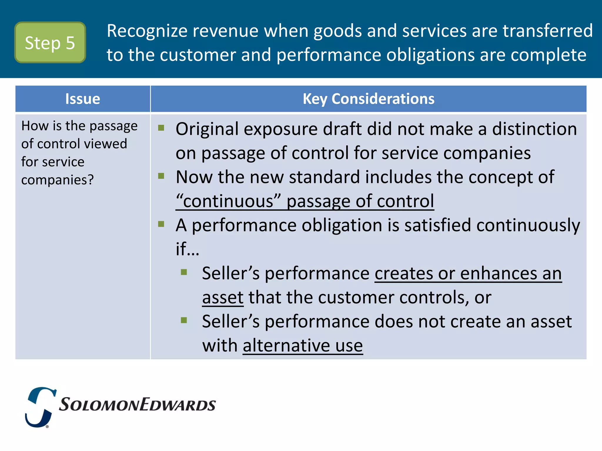 Recognize revenue when goods and services are transferred
Step 5
              to the customer and performance obligations are complete

      Issue                           Key Considerations
How is the passage    Original exposure draft did not make a distinction
of control viewed
for service            on passage of control for service companies
companies?            Now the new standard includes the concept of
                       “continuous” passage of control
                      A performance obligation is satisfied continuously
                       if…
                         Seller’s performance creates or enhances an
                           asset that the customer controls, or
                         Seller’s performance does not create an asset
                           with alternative use
 
