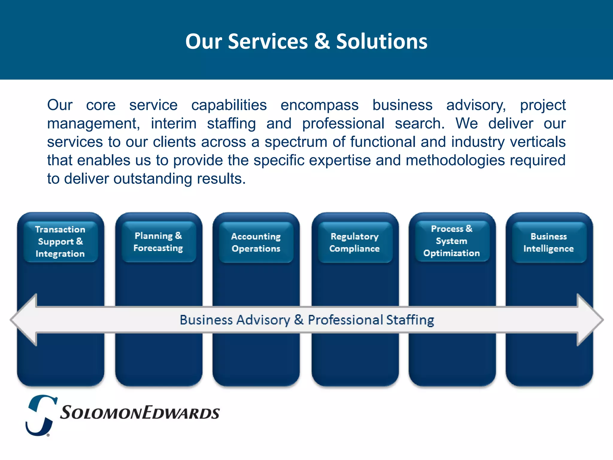 Our Services & Solutions

Our core service capabilities encompass business advisory, project
management, interim staffing and professional search. We deliver our
services to our clients across a spectrum of functional and industry verticals
that enables us to provide the specific expertise and methodologies required
to deliver outstanding results.
 
