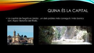 QUINA ÉS LA CAPITAL
• La capital de Segrià es Lleida , un dels pobles més coneguts i més bonics
son: Aspa i Baronía del Rialb.
 