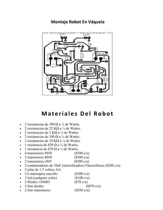 Montaje Robot En Váquela




           Materiales Del Robot
2 resistencias de 390 Ω a ¼ de Wattio.
2 resistencias de 22 KΩ a ¼ de Wattio.
2 resistencias de 1 KΩ a ¼ de Wattio.
2 resistencias de 100 Ω a ¼ de Wattio.
2 resistencias de 10 KΩ a ¼ de Wattio.
1 resistencia de 820 Ω a ¼ de Wattio.
1 resistencia de 470 Ω a ¼ de Wattio.
4 transistores 8550              ($500 c/u)
2 transistores 8050              ($500 c/u)
2 transistores c945              ($500 c/u)
2 condensadores de 10uF (microfaradios) Electrolíticos ($200 c/u)
2 pilas de 1.5 voltios AA.
Un interruptor sencillo           ($200 c/u)
2 led (cualquier color)           ($100 c/u)
2 Diodos 1N4001                   ($70 c/u)
2 foto diodos                             ($870 c/u)
2 foto transistores               ($550 c/u)
 