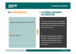 E.                                       E.
                                         Li oferim posicionament local: contacte
Perquè contractar els serveis d’ACC1Ó?
                                         permanent amb els agents econòmics
                                         clau de cada país/regió per part dels 35
                                         CPNs arreu del món.



F.                                       F.
Quant em costarà?                        Estalviï’s temps, diners, esforços i
                                         recursos: minimitzem els riscs i la
                                         inversió en temps/costos (temps
                                         aprenentatge canals d’introducció,
                                         proveïdors,...).



                                                                          www.acc10.cat
 