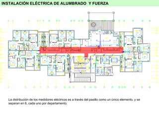 La distribución de los medidores eléctricos es a través del pasillo como un único elemento, y se separan en 6, cada uno por departamento. INSTALACIÓN ELÉCTRICA DE ALUMBRADO  Y FUERZA 