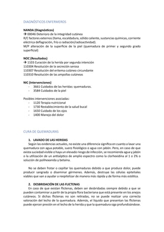 DIAGNÓSTICOS ENFERMEROS
NANDA (DiagnósDcos)
à 00046 Deterioro de la integridad cutánea
R/C factores externos (llama, escaldadura, sólido caliente, sustancias químicas, corriente
eléctrica deﬂagración, frío o radiación/radioacUvidad).
M/P alteración de la superﬁcie de la piel (quemadura de primer y segundo grado
superﬁcial)
NOC (Resultados)
à 1103 Curación de la herida por segunda intención
110304 Resolución de la secreción serosa
110307 Resolución del eritema cutáneo circundante
110310 Resolución de las ampollas cutáneas
NIC (Intervenciones)
- 3661 Cuidados de las heridas: quemaduras.
- 3584 Cuidados de la piel
Posibles intervenciones asociadas:
- 1120 Terapia nutricional
- 1730 Restablecimiento de la salud bucal
- 1650 Cuidado de los ojos
- 1400 Manejo del dolor
CURA DE QUEMADURAS
1. LAVADO DE LAS HERIDAS
Según las evidencias actuales, no existe una diferencia signiﬁca en cuanto a lavar una
quemadura con agua potable, suero ﬁsiológico o agua con jabón. Pero, en caso de que
exista suciedad visible o haya un elevado riesgo de infección, se recomienda agua y jabón
o la uUlización de un anUsépUco de amplio espectro como la clorhexidina al 1 o 2% o
solución de polihexanida y betaína.
No se deben frotar o cepillar las quemaduras debido a que produce dolor, puede
producir sangrado o diseminar gérmenes. Además, destruye las células epiteliales
viables que van a ayudar a reepitelizar de manera más rápida y de forma más estéUca.
2. DESBRIDACIÓN DE LAS FLICTENAS
En caso de que existan ﬂictenas, deben ser desbridadas siempre debido a que se
pueden contaminar a parUr de la propia ﬂora bacteriana que está presente en los anejos
cutáneos. Si dichas ﬂictenas no son reUradas, no se puede realizar una correcta
valoración del lecho de la quemadura. Además, el líquido que presentan las ﬂictenas
puede ejercer presión en el lecho de la herida y que la quemadura siga profundizándose.
 