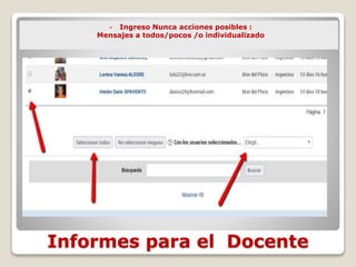 Informes para el Docente
 Ingreso Nunca acciones posibles :
Mensajes a todos/pocos /o individualizado
 
