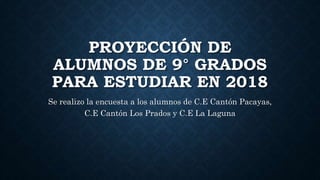 PROYECCIÓN DE
ALUMNOS DE 9° GRADOS
PARA ESTUDIAR EN 2018
Se realizo la encuesta a los alumnos de C.E Cantón Pacayas,
C.E Cantón Los Prados y C.E La Laguna
 