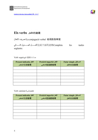Generalitat de Catalunya
Departament d’Ensenyament



Institut La Serreta. Aula acollida接纳




Els verbs                         的动词

                     La conjugació verbal 动词的各种变

                                       完成下面的表格Completa          les        taules
següents:


Verb: seguir,          遵循follow

    Present indicatiu                   Pretèrit imperfet   Futur simple
             目前动词                               过去的动词              未来动词




Verb: caminar走              ,walk

    Present indicatiu                   Pretèrit imperfet   Futur simple
             目前动词                               过去的动词              未来动词




3
 