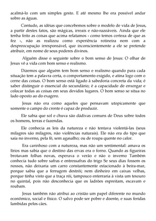 acalmá-lo com um simples gesto. E até mesmo lhe era possível andar
sobre as águas.
      Contudo, as idéias que concebemos sobre o modelo de vida de Jesus,
a partir destes fatos, são mágicas, irreais e não-razoáveis. Ainda que ele
tenha feito as coisas que acima relatamos - como temos certeza de que as
fez -, não as realizou como experiência rotineira nem com a
despreocupação irresponsável, que inconscientemente a ele se pretende
atribuir, em nome de seus poderes divinos.
       Alguém disse o seguinte sobre o bom senso de Jesus: O olhar de
Jesus vê a vida com bom senso e realismo.
      Dizemos que alguém tem bom senso e realismo quando para cada
situação tem a palavra certa, o comportamento exigido, e atina logo com o
cerne das coisas. O bom senso está ligado à sabedoria concreta da vida; é
saber distinguir o essencial do secundário; é a capacidade de enxergar e
colocar todas as coisas em seus devidos lugares. O bom senso se situa no
lado oposto ao do exagero.
     Jesus não era como aqueles que pensavam utopicamente que
somente o campo do crente é capaz de produzir.
     Ele sabia que sol e chuva são dádivas comuns de Deus sobre todos
os homens, terras e fazendas.
      Ele conhecia as leis da natureza e não tentava violentá-las (seus
milagres são milagres, não violências naturais). Ele não era do tipo que
saía no inverno, pela fé, sem agasalho; ou de roupa quente no calor.
       Era carinhoso com a natureza, mas não um sentimental: amava os
lírios mas sabia que o destino das ervas era o forno. Quando as figueiras
brotavam folhas novas, esperava o verão e não o inverno Também
conhecia tudo sobre safras e entressafras do trigo Se seus dias fossem os
nossos, não deixaria um carro constantemente estacionado à beira-mar,
porque sabia que a ferrugem destrói; nem dinheiro em caixas velhas,
porque tinha visto que a traça rói, tampouco enterraria à vista um tesouro
no quintal, pois não desconhecia que os ladrões espreitam, escavam e
roubam.
      Jesus também não atribui ao cristão um papel diferente no mundo
econômico, social e físico. O salvo pode ser pobre e doente, e suas feridas
lambidas pelos cães.
 