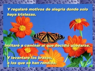 Y regalaré motivos de alegría donde solo haya tristezas.   Invitaré a caminar al que decidió quedarse.  Y levantaré los brazos,  a los que se han rendido.  