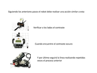 Siguiendo los anteriores pasos el robot debe realizar una acción similar a esta
Verificar a los lados el contraste
Cuando encuentre el contraste oscuro
Y por último seguirá la línea realizando repetidas
veces el proceso anterior