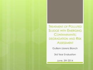 TREATMENT OF POLLUTED
SLUDGE WITH EMERGING
CONTAMINANTS:
DEGRADATION AND RISK
ASSESSMENT
Guillem Llorens Blanch
3rd Year Evaluation
June, 3th 2014
 