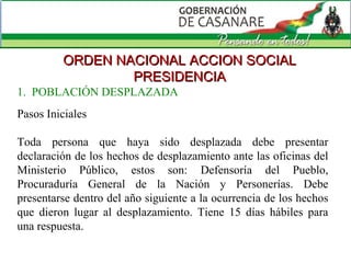 ORDEN NACIONAL ACCION SOCIAL PRESIDENCIA Pasos Iniciales Toda persona que haya sido desplazada debe presentar declaración de los hechos de desplazamiento ante las oficinas del Ministerio Público, estos son: Defensoría del Pueblo, Procuraduría General de la Nación y Personerías. Debe presentarse dentro del año siguiente a la ocurrencia de los hechos que dieron lugar al desplazamiento. Tiene 15 días hábiles para una respuesta. 1.  POBLACIÓN DESPLAZADA 