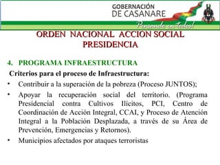 ORDEN  NACIONAL  ACCION SOCIAL PRESIDENCIA 4.  PROGRAMA INFRAESTRUCTURA Criterios para el proceso de Infraestructura: Contribuir a la superación de la pobreza (Proceso JUNTOS);  Apoyar la recuperación social del territorio. (Programa Presidencial contra Cultivos Ilícitos, PCI, Centro de Coordinación de Acción Integral, CCAI, y Proceso de Atención Integral a la Población Desplazada, a través de su Área de Prevención, Emergencias y Retornos).  Municipios afectados por ataques terroristas 
