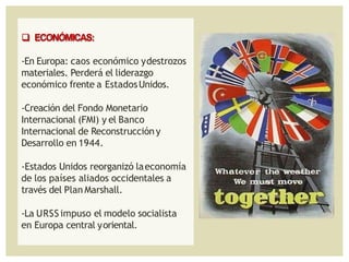  ECONÓMICAS:
-En Europa: caos económico ydestrozos
materiales. Perderá el liderazgo
económico frente a EstadosUnidos.
-Creación del Fondo Monetario
Internacional (FMI) y el Banco
Internacional de Reconstrucción y
Desarrollo en 1944.
-Estados Unidos reorganizó laeconomía
de los países aliados occidentales a
través del Plan Marshall.
-La URSSimpuso el modelo socialista
en Europa central yoriental.
 