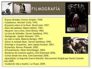 FILMOGRAFÍA
-El gran dictador. Charles Chaplin.1940.
-Casablanca. Michael Curtiz.1942.
-El puente sobre el río Kwai. David Lean.1957.
-Doce del patíbulo. Robert Aldrich.1967.
-Masacre: ven y mira. Elem Klimov.1985.
-La lista de Schindler. Steven Spielberg.1993.
-Stalingrado. Joseph Vilsmaier.1993.
-La vida es bella. Roberto Benigni.1997.
-Salvar al soldado Ryan. Steven Spielberg.1998.
-Enemigo a laspuertas. Jean-Jaques Annaud. 2001.
-El pianista. Roman Polanski.2002.
-El hundimiento. Oliver Hirschbiegel. 2004.
-Banderas de nuestros padres. Clint Eastwood.2006.
-Cartas desde Iwo Jima. Clint Eastwood.2006.
-Apocalipsis: la Segunda Guerra Mundial. Documental dirigido por Daniel Costelle.
Año 2009.
-Ciudad de vida y muerte. Lu Chuan.2009.
 