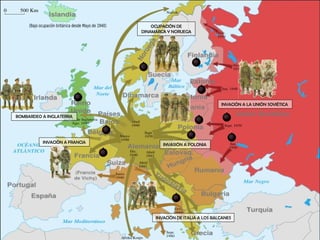 INVASIÓN A POLONIA OCUPACIÓN DE DINAMARCA Y NORUEGA INVACIÓN A FRANCIA BOMBARDEO A INGLATERRA INVACIÓN DE ITALIA A LOS BALCANES INVACIÓN A LA UNIÓN SOVIÉTICA  