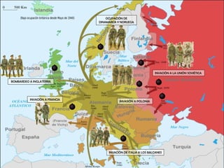 INVASIÓN A POLONIA OCUPACIÓN DE DINAMARCA Y NORUEGA INVACIÓN A FRANCIA BOMBARDEO A INGLATERRA INVACIÓN DE ITALIA A LOS BALCANES INVACIÓN A LA UNIÓN SOVIÉTICA  