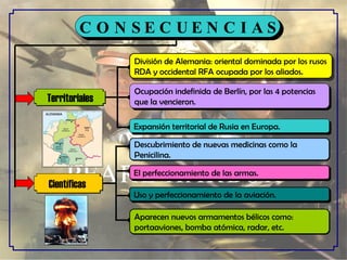 C O N S E C U E N C I A S Territoriales  División de Alemania: oriental dominada por los rusos RDA y occidental RFA ocupada por los aliados. Científicas  Aparecen nuevos armamentos bélicos como:  portaaviones, bomba atómica, radar, etc. Expansión territorial de Rusia en Europa.  Descubrimiento de nuevas medicinas como la  Penicilina. El perfeccionamiento de las armas. Ocupación indefinida de Berlín, por las 4 potencias  que la vencieron. Uso y perfeccionamiento de la aviación. 