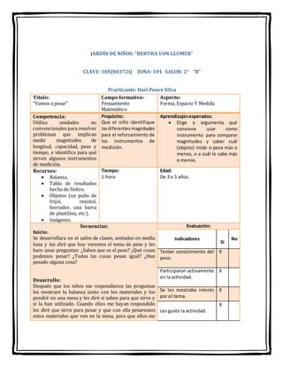 JARDÍN DE NIÑOS: “BERTHA VON GLUMER”
CLAVE: 30EJN0372Q ZONA: 104 SALON: 2° “B”
Practicante: Itzel Ponce Silva
Título:
“Vamos a pesar”
Campo formativo:
Pensamiento
Matemático
Aspecto:
Forma, Espacio Y Medida
Competencia:
Utiliza unidades no
convencionales para resolver
problemas que implican
medir magnitudes de
longitud, capacidad, peso y
tiempo, e identifica para qué
sirven algunos instrumentos
de medición.
Propósito:
Que el niño identifique
lasdiferentesmagnitudes
para el reforzamiento de
los instrumentos de
medición.
Aprendizajesesperados:
 Elige y argumenta qué
conviene usar como
instrumento para comparar
magnitudes y saber cuál
(objeto) mide o pesa más o
menos, o a cuál le cabe más
o menos.
Recursos:
 Balanza.
 Tabla de resultados
hecha de fieltro.
 Objetos (un puño de
frijol, resistol,
borrador, una barra
de plastilina, etc.).
 Imágenes.
Tiempo:
1 hora.
Edad:
De 3 a 5 años.
Secuencias:
Inicio:
Se desarrollara en el salón de clases, sentados en media
luna y les diré que hoy veremos el tema de peso y les
hare unas preguntas: ¿Saben que es el peso? ¿Qué cosas
podemos pesar? ¿Todas las cosas pesan igual? ¿Han
pesado alguna cosa?
Desarrollo:
Después que los niños me respondieron las preguntas
les mostrare la balanza junto con los materiales y los
pondré en una mesa y les diré si saben para que sirve y
si la han utilizado. Cuando ellos me hayan respondido
les diré que sirve para pesar y que con ella pesaremos
estos materiales que ven en la mesa, para que ellos me
Evaluación:
Indicadores
Si
No
Tenían conocimiento del
peso.
X
Participaron activamente
en la actividad.
X
Se les mostraba interés
por el tema.
X
Les gusto la actividad.
X
 
