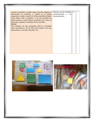 aventar la tapadera y donde caiga en parejas elegirán el
instrumento de medición y cuando ya lo tengan
empezaran a medir a partir de la línea amarilla del patio
hasta donde callo la tapadera. Y así irán pasando las
demás parejas, cuando hayan terminado nos vamos al
salón para comparar resultados de la actividad.
Cierre:
Para finalizar les hare preguntas sobre la actividad:
¿Qué aprendieron?, ¿Se les hizo fácil medir?, ¿con que
instrumento se les hizo más fácil?, etc.
Hicieron uso de medidas
convencionales y no
convencionales.
X
 