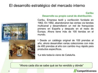 Caribu Desarrollo su propio canal de distribución.    Caribu. Empresa textil y confección fundada en 1962. En 1992, abandonaron las ventas via tiendas multicanal y desarrollaron un red de franquicias primero en España y después en el resto de Europa. Ahora tiene más de 100 tiendas en el mundo. Desde un catálogo original de 100 prendas al año, ahora desarrollan varias colecciones con más de 400 prendas al año con cambio muy rápido para productos específicos. La tela todavía viene de Cataluña.   El desarrollo estratégico del mercado interno “ Ahora cada día se sabe qué se ha vendido y dónde” 