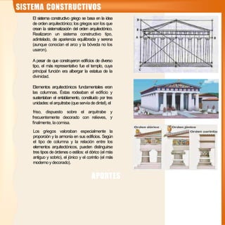 SISTEMA CONSTRUCTIVOS
El sistema constructivo griego se basa en la idea
de orden arquitectónico; los griegos son los que
c...