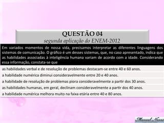 QUESTÃO 04
                                      segunda aplicação do ENEM-2012
Em	
   variados	
   momentos	
   de	
   nossa	
   vida,	
   precisamos	
   interpretar	
   as	
   diferentes	
   linguagens	
   dos	
  
sistemas	
  de	
  comunicação.	
  O	
  gráﬁco	
  é	
  um	
  desses	
  sistemas,	
  que,	
  no	
  caso	
  apresentado,	
  indica	
  que	
  
as	
   habilidades	
   associadas	
   à	
   inteligência	
   humana	
   variam	
   de	
   acordo	
   com	
   a	
   idade.	
   Considerando	
  
essa	
  informação,	
  constata-­‐se	
  que	
  
as	
  habilidades	
  verbal	
  e	
  de	
  resolução	
  de	
  problemas	
  destacam-­‐se	
  entre	
  40	
  e	
  60	
  anos.	
  
a	
  habilidade	
  numérica	
  diminui	
  consideravelmente	
  entre	
  20	
  e	
  40	
  anos.	
  
a	
  habilidade	
  de	
  resolução	
  de	
  problemas	
  piora	
  consideravelmente	
  a	
  parDr	
  dos	
  30	
  anos.	
  
as	
  habilidades	
  humanas,	
  em	
  geral,	
  declinam	
  consideravelmente	
  a	
  parDr	
  dos	
  40	
  anos.	
  
a	
  habilidade	
  numérica	
  melhora	
  muito	
  na	
  faixa	
  etária	
  entre	
  40	
  e	
  80	
  anos.	
  
 