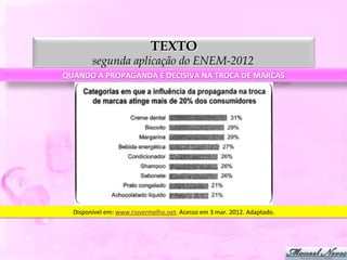 TEXTO
            segunda aplicação do ENEM-2012
QUANDO	
  A	
  PROPAGANDA	
  É	
  DECISIVA	
  NA	
  TROCA	
  DE	
  MARCAS	
  




   Disponível	
  em:	
  www.riovermelho.net.	
  Acesso	
  em	
  3	
  mar.	
  2012.	
  Adaptado.	
  
 
