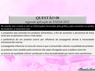 QUESTÃO 08
                                    segunda aplicação do ENEM-2012
De	
  acordo	
  com	
  o	
  texto	
  e	
  com	
  as	
  informações	
  fornecidas	
  pelo	
  gráﬁco,	
  para	
  aumentar	
  as	
  vendas	
  
de	
  produtos,	
  é	
  necessário	
  que	
  
a	
  campanha	
  seja	
  centrada	
  em	
  produtos	
  alimenpcios,	
  a	
  ﬁm	
  de	
  aumentar	
  o	
  percentual	
  de	
  troca	
  
atual	
  que	
  se	
  apresenta	
  como	
  o	
  mais	
  baixo.	
  
a	
   preferência	
   de	
   um	
   produto	
   ocorra	
   por	
   inﬂuência	
   da	
   propaganda	
   devido	
   à	
   necessidade	
  
emocional	
  das	
  marcas.	
  
a	
  propaganda	
  inﬂuencie	
  na	
  troca	
  de	
  marca	
  e	
  que	
  o	
  consumidor	
  valorize	
  a	
  qualidade	
  do	
  produto.	
  
os	
  produtos	
  mais	
  vendidos	
  pelo	
  comércio	
  não	
  sejam	
  divulgados	
  para	
  o	
  público	
  como	
  tal.	
  
as	
  marcas	
  de	
  qualidade	
  inferior	
  consDtuam	
  o	
  foco	
  da	
  publicidade	
  por	
  serem	
  mais	
  econômicas.	
  
 