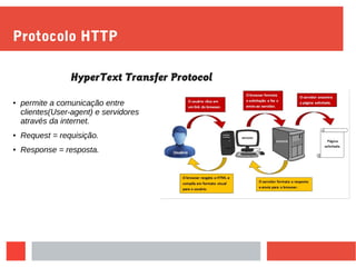 Protocolo HTTP
HyperText Transfer Protocol
● ​​​​permite a comunicação entre
clientes(User-agent) e servidores
através da internet.
● Request = requisição.
● Response = resposta.
 
