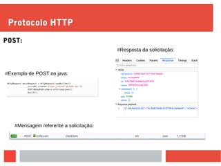 Protocolo HTTP
POST:
#Exemplo de POST no java:
#Mensagem referente a solicitação:
#Resposta da solicitação:
 