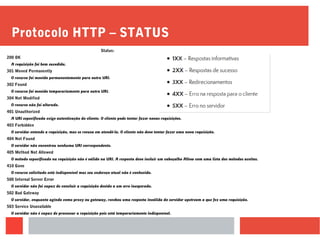 Protocolo HTTP – STATUS
Status:
200 OK
A requisição foi bem sucedida.
301 Moved Permanently
O recurso foi movido permanentemente para outra URI.
302 Found
O recurso foi movido temporariamente para outra URI.
304 Not Modified
O recurso não foi alterado.
401 Unauthorized
A URI especificada exige autenticação do cliente. O cliente pode tentar fazer novas requisições.
403 Forbidden
O servidor entende a requisição, mas se recusa em atendê-la. O cliente não deve tentar fazer uma nova requisição.
404 Not Found
O servidor não encontrou nenhuma URI correspondente.
405 Method Not Allowed
O método especificado na requisição não é válido na URI. A resposta deve incluir um cabeçalho Allow com uma lista dos métodos aceitos.
410 Gone
O recurso solicitado está indisponível mas seu endereço atual não é conhecido.
500 Internal Server Error
O servidor não foi capaz de concluir a requisição devido a um erro inesperado.
502 Bad Gateway
O servidor, enquanto agindo como proxy ou gateway, recebeu uma resposta inválida do servidor upstream a que fez uma requisição.
503 Service Unavailable
O servidor não é capaz de processar a requisição pois está temporariamente indisponível.
 