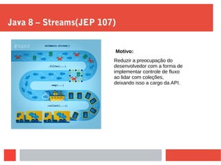 Java 8 – Streams(JEP 107)
Reduzir a preocupação do
desenvolvedor com a forma de
implementar controle de fluxo
ao lidar com coleções,
deixando isso a cargo da API.
Motivo:
 
