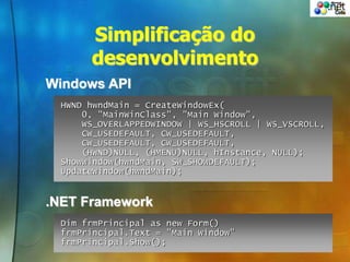Simplificação do
desenvolvimento
HWND hwndMain = CreateWindowEx(
0, "MainWinClass", "Main Window",
WS_OVERLAPPEDWINDOW | WS_HSCROLL | WS_VSCROLL,
CW_USEDEFAULT, CW_USEDEFAULT,
CW_USEDEFAULT, CW_USEDEFAULT,
(HWND)NULL, (HMENU)NULL, hInstance, NULL);
ShowWindow(hwndMain, SW_SHOWDEFAULT);
UpdateWindow(hwndMain);
Dim frmPrincipal as new Form()
frmPrincipal.Text = "Main Window"
frmPrincipal.Show();
Windows API
.NET Framework
 