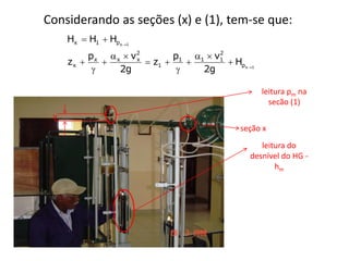 Considerando as seções (x) e (1), tem-se que:
     Hx  H1  Hpx 1
          p x  x  v2                 2
                              p1 1  v1
     zx            x
                        z1             Hpx 1
                2g               2g

                                                    leitura pm na
                                                      secão (1)
 y
                                             seção x
                                                   leitura do
                                                desnível do HG -
                                                       hm
 