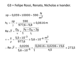 G3 = Felipe Rossi, Renato, Nicholas e Ivander.

                           N
p  0,059  10000  590
                           m2
     p      590
hf                   0,0616 m
         977,6  9,8
       DH   hf  DH  2g
Re f     
                 L
   5,5  103              m2
             5,6  106
     977,6                  s
          0,0206      0,0616  0,0206  19,6
 Re f                                      273,5
                 6             4,5
         5,6  10
 