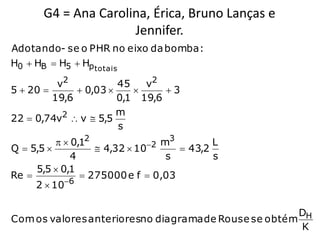 G4 = Ana Carolina, Érica, Bruno Lanças e
                      Jennifer.
Adotando- se o PHR no eixo da bomba :
H0  HB  H5  Hp totais

          v2           45   v2
5  20        0,03          3
         19,6          0,1 19,6
           2           m
22  0,74v  v  5,5
                       s
            0,12            2 m
                                   3
                                            L
Q  5,5            4,32  10        43,2
              4                   s         s
     5,5  0,1
Re              275000 e f  0,03
            6
     2  10

                                                       DH
Com os valores anterioresno diagrama de Rouse se obtém
                                                       K
 