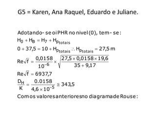 G5 = Karen, Ana Raquel, Eduardo e Juliane.

Adotando- se oi PHR no nivel (0), tem - se :
H0  HB  H7  Hp totais
0  37,5  10  Hp totais  Hp totais  27,5 m
         0,0158       27,5  0,0158  19,6
Re f             
         106              35  9,17
Re f  6937,7
DH    0.0158
                343,5
 K           5
     4,6  10
Com os valores anterioresno diagrama de Rouse :
 