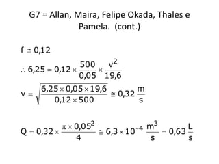 G7 = Allan, Maira, Felipe Okada, Thales e
               Pamela. (cont.)

f  0,12
                500   v2
 6,25  0,12      
                0,05 19,6
     6,25  0,05  19,6        m
v                       0,32
        0,12  500             s


             0,052           4 m3        L
Q  0,32             6,3  10       0,63
               4                   s        s
 