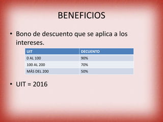 BENEFICIOS
• Bono de descuento que se aplica a los
intereses.
• UIT = 2016
UIT DECUENTO
0 AL 100 90%
100 AL 200 70%
MÁS DEL 200 50%
 