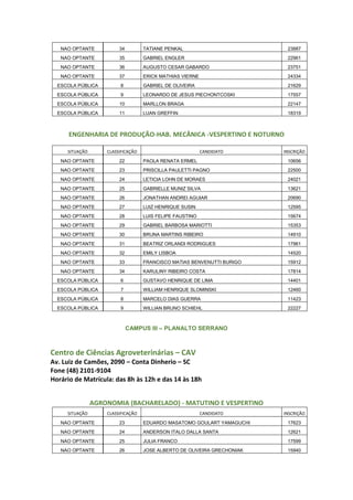 NAO OPTANTE 34 TATIANE PENKAL 23887
NAO OPTANTE 35 GABRIEL ENGLER 22961
NAO OPTANTE 36 AUGUSTO CESAR GABARDO 23751
NAO OPTANTE 37 ERICK MATHIAS VIERNE 24334
ESCOLA PÚBLICA 8 GABRIEL DE OLIVEIRA 21629
ESCOLA PÚBLICA 9 LEONARDO DE JESUS PIECHONTCOSKI 17557
ESCOLA PÚBLICA 10 MARLLON BRAGA 22147
ESCOLA PÚBLICA 11 LUAN GREFFIN 18319
ENGENHARIA DE PRODUÇÃO-HAB. MECÂNICA -VESPERTINO E NOTURNO
SITUAÇÃO CLASSIFICAÇÃO CANDIDATO INSCRIÇÃO
NAO OPTANTE 22 PAOLA RENATA ERMEL 10656
NAO OPTANTE 23 PRISCILLA PAULETTI PAGNO 22500
NAO OPTANTE 24 LETICIA LOHN DE MORAES 24021
NAO OPTANTE 25 GABRIELLE MUNIZ SILVA 13621
NAO OPTANTE 26 JONATHAN ANDREI AGUIAR 20690
NAO OPTANTE 27 LUIZ HENRIQUE SUSIN 12595
NAO OPTANTE 28 LUIS FELIPE FAUSTINO 15674
NAO OPTANTE 29 GABRIEL BARBOSA MARIOTTI 15353
NAO OPTANTE 30 BRUNA MARTINS RIBEIRO 14910
NAO OPTANTE 31 BEATRIZ ORLANDI RODRIGUES 17961
NAO OPTANTE 32 EMILY LISBOA 14520
NAO OPTANTE 33 FRANCISCO MATIAS BENVENUTTI BURIGO 15912
NAO OPTANTE 34 KARULINY RIBEIRO COSTA 17814
ESCOLA PÚBLICA 6 GUSTAVO HENRIQUE DE LIMA 14401
ESCOLA PÚBLICA 7 WILLIAM HENRIQUE SLOMINSKI 12460
ESCOLA PÚBLICA 8 MARCELO DIAS GUERRA 11423
ESCOLA PÚBLICA 9 WILLIAN BRUNO SCHIEHL 22227
CAMPUS III – PLANALTO SERRANO
Centro de Ciências Agroveterinárias – CAV
Av. Luiz de Camões, 2090 – Conta Dinherio – SC
Fone (48) 2101-9104
Horário de Matrícula: das 8h às 12h e das 14 às 18h
AGRONOMIA (BACHARELADO) - MATUTINO E VESPERTINO
SITUAÇÃO CLASSIFICAÇÃO CANDIDATO INSCRIÇÃO
NAO OPTANTE 23 EDUARDO MASATOMO GOULART YAMAGUCHI 17623
NAO OPTANTE 24 ANDERSON ITALO DALLA SANTA 12621
NAO OPTANTE 25 JULIA FRANCO 17599
NAO OPTANTE 26 JOSE ALBERTO DE OLIVEIRA GRECHONIAK 15940
 