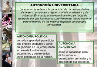 AUTONOMÍA UNIVERSITARIA La autonomía refiere a la capacidad de  la universidad de dictarse su propia ley y rige en materia académica y de gobierno. En cuanto al aspecto financiero se habla de autarquía por que los recursos provienen del tesoro nacional pero el manejo de los mismos depende de la propia universidad.  AUTONOMIA POLITICA:   como la capacidad  para dictar sus propios estatutos y darse su gobierno en un jerarquizado acceso de los diferentes estamentos y dentro de las leyes generales de la Nación.  AUTONOMIA ACADEMICA: como la capacidad para dictar sobre su organización curricular y la elección de sus docentes. 