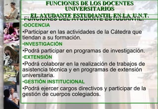 FUNCIONES DEL AYUDANTE ESTUDIANTIL: DOCENCIA Participar en las actividades de la Cátedra que tiendan a su formación. INVESTIGACIÓN Podrá participar en programas de investigación. EXTENSIÓN Podrá colaborar en la realización de trabajos de asistencia técnica y en programas de extensión universitaria. GESTIÓN INSTITUCIONAL Podrá ejercer cargos directivos y participar de la gestión de cuerpos colegiados. FUNCIONES DE LOS DOCENTES UNIVERSITARIOS EL AYUDANTE ESTUDIANTIL EN LA  U.N.T. 