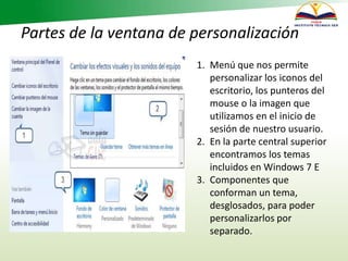 Partes de la ventana de personalización
1. Menú que nos permite
personalizar los iconos del
escritorio, los punteros del
mouse o la imagen que
utilizamos en el inicio de
sesión de nuestro usuario.
2. En la parte central superior
encontramos los temas
incluidos en Windows 7 E
3. Componentes que
conforman un tema,
desglosados, para poder
personalizarlos por
separado.
 