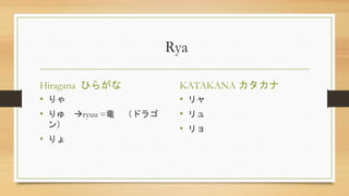 Rya
Hiragana ひらがな
• りゃ
• りゅ ryuu =竜 （ドラゴ
ン）
• りょ
KATAKANA カタカナ
• リャ
• リュ
• リョ
 