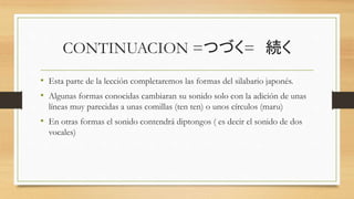 CONTINUACION =つづく= 続く
• Esta parte de la lección completaremos las formas del silabario japonés.
• Algunas formas conocida...