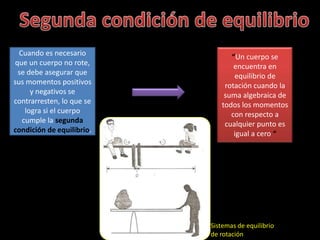 Cuando es necesario            “Un cuerpo se
que un cuerpo no rote,            encuentra en
 se debe asegurar que             equilibrio de
sus momentos positivos         rotación cuando la
      y negativos se           suma algebraica de
contrarresten, lo que se      todos los momentos
    logra si el cuerpo           con respecto a
   cumple la segunda           cualquier punto es
condición de equilibrio.          igual a cero “




                           Sistemas de equilibrio
                           de rotación
 