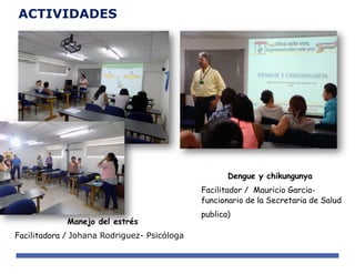 Manejo del estrés
Facilitadora / Johana Rodriguez- Psicóloga
Dengue y chikungunya
Facilitador / Mauricio Garcia-
funcionario de la Secretaria de Salud
publica)
ACTIVIDADES
 